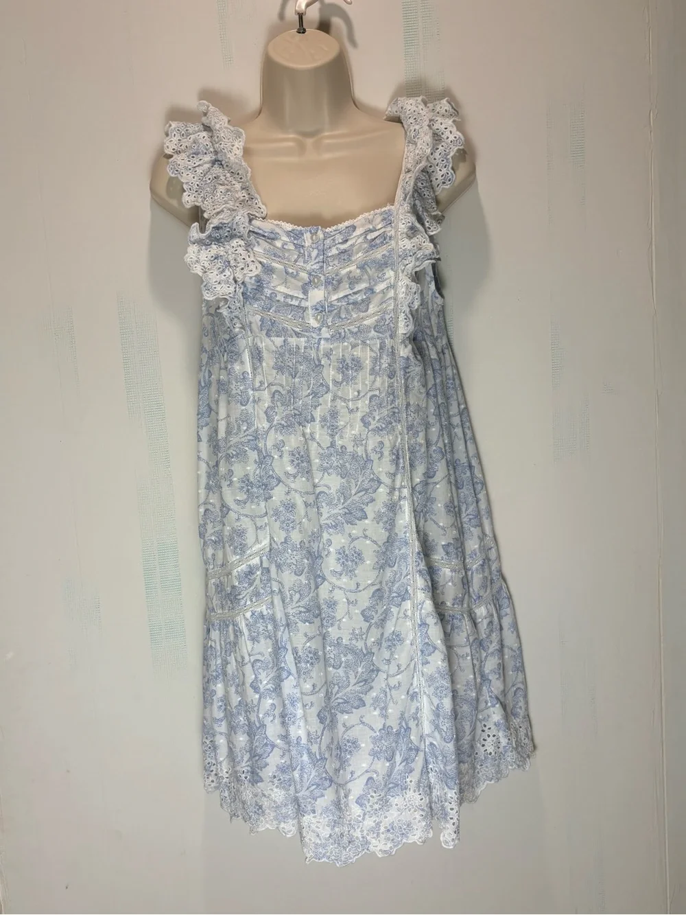 Rachel Ashwell Shabby Chic Blue & White Toile Cotton Ruffle Eyelet Nightgown L